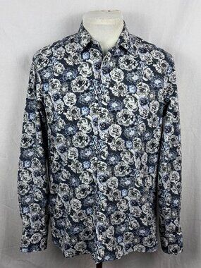 SAND Copenhagen Modern Fit 42 Blue Floral Print Dress Shirt Cotton Portugal